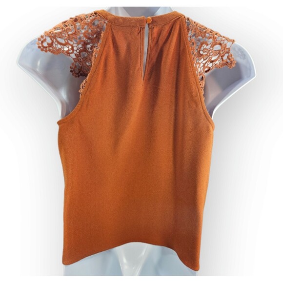 Monteau Blouse Size Large Burnt Orange Lace Sleeves Keyhole Back Pullover - Picture 2 of 9